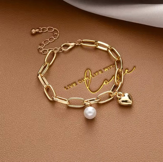 Brățară din oțel inoxidabil cu perlă și inimă