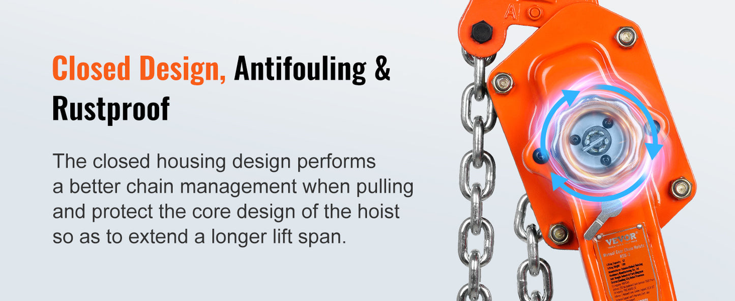 VEVOR Manual Lever Chain Hoist G80 Galvanized Carbon Steel with Weston Double-Pawl Brake Auto Chain Leading & 360° Rotation Hook