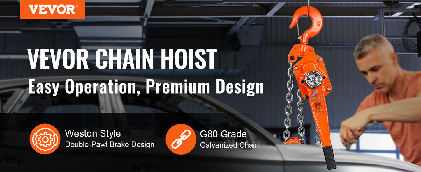 VEVOR Manual Lever Chain Hoist G80 Galvanized Carbon Steel with Weston Double-Pawl Brake Auto Chain Leading & 360° Rotation Hook