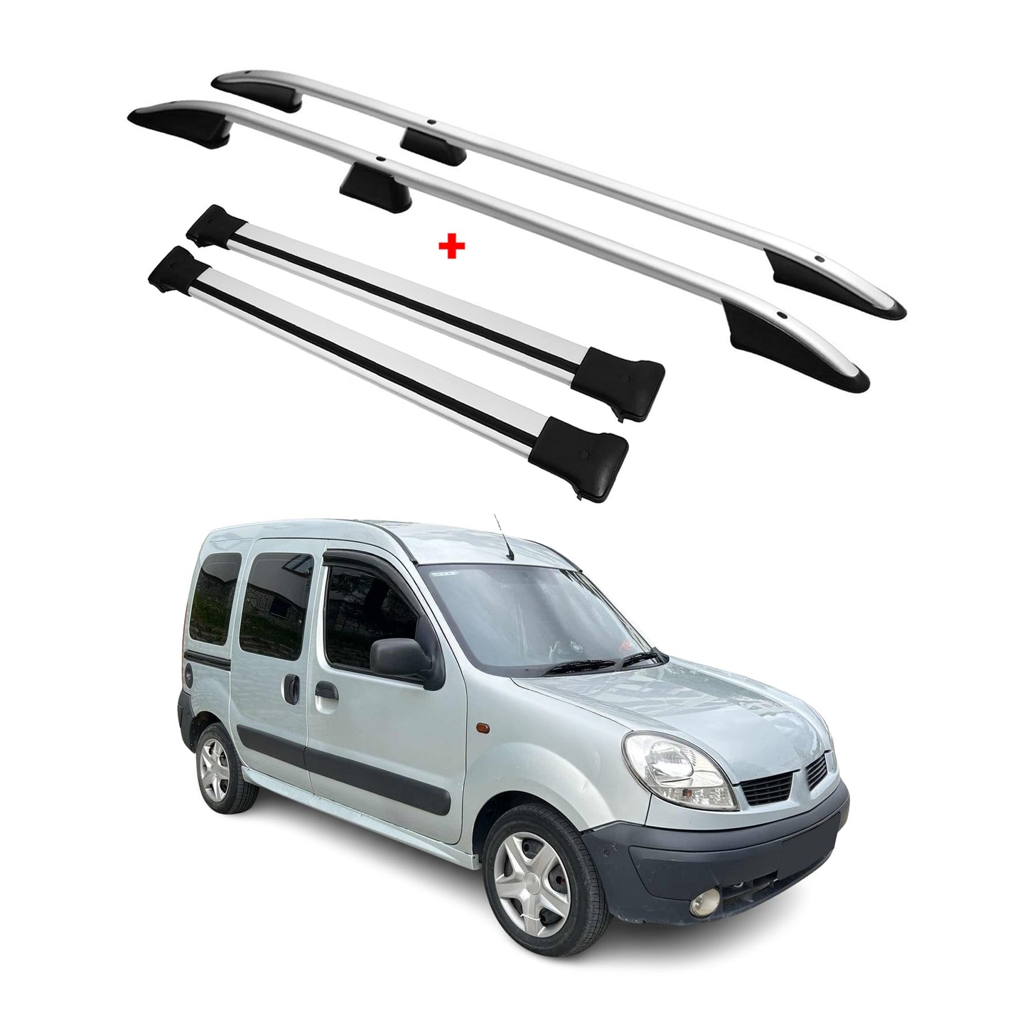 Dachreling + Dachträger SET für Renault Kangoo 1996-07 L1 Kurzer Alu Silber 4tlg