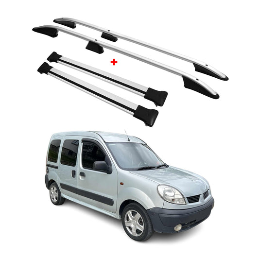 Dachreling + Dachträger SET für Renault Kangoo 1996-07 L1 Kurzer Alu Silber 4tlg
