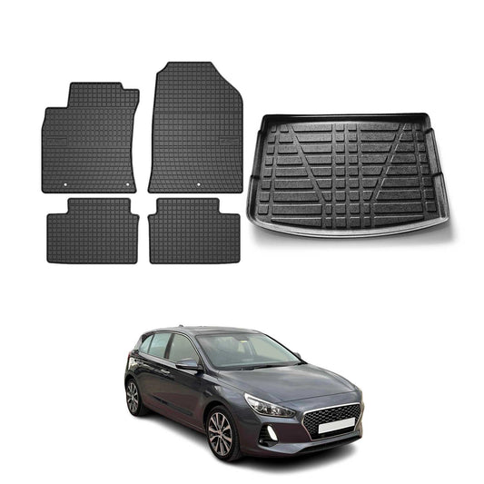 Fußmatten & Kofferraumwanne Set für Hyundai i30 2017-2025 Gummi TPE Schwarz 5x