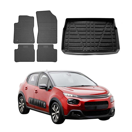 Fußmatten & Kofferraumwanne Set für Citroen C3 5tür 2016-2024 5tür Gummi