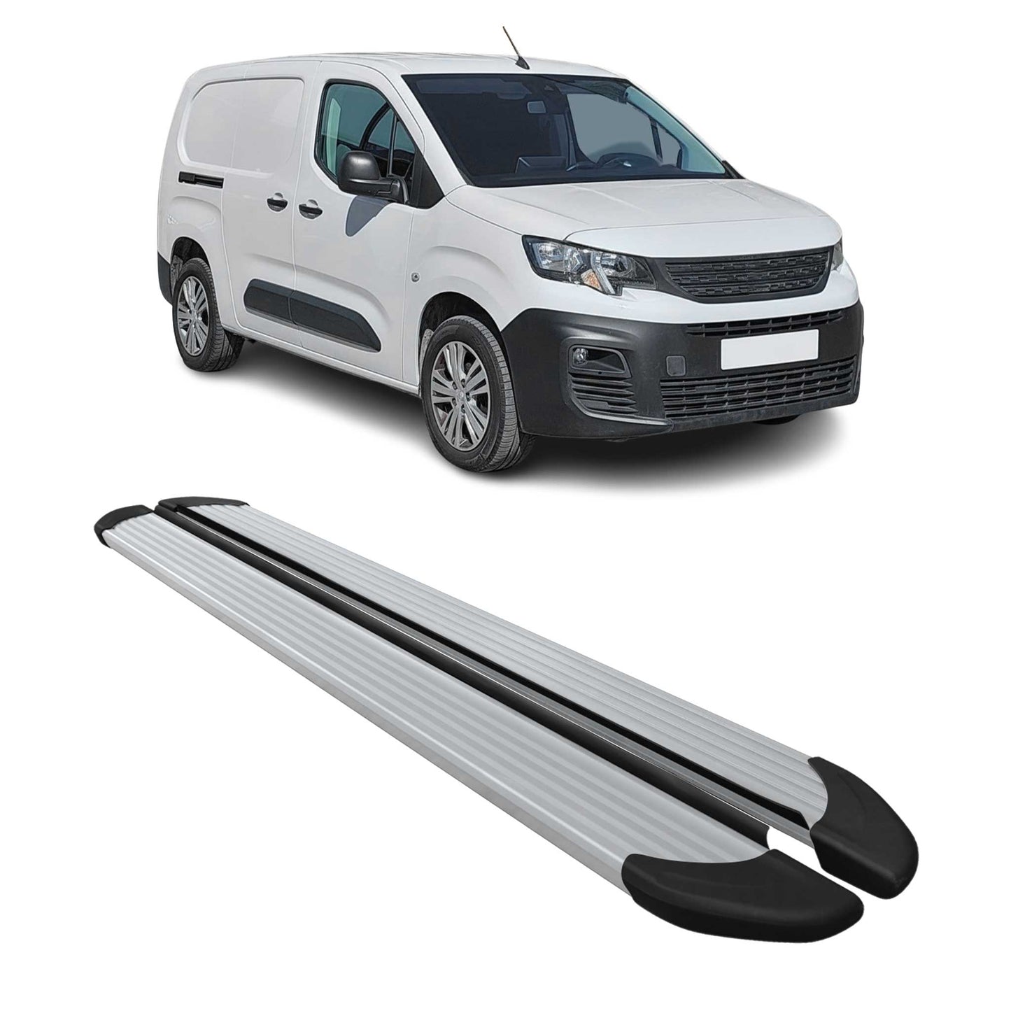 Listwy progowe/progi boczne do Peugeot Partner 2019-2025 L2, aluminiowe, srebrne, 2 sztuki