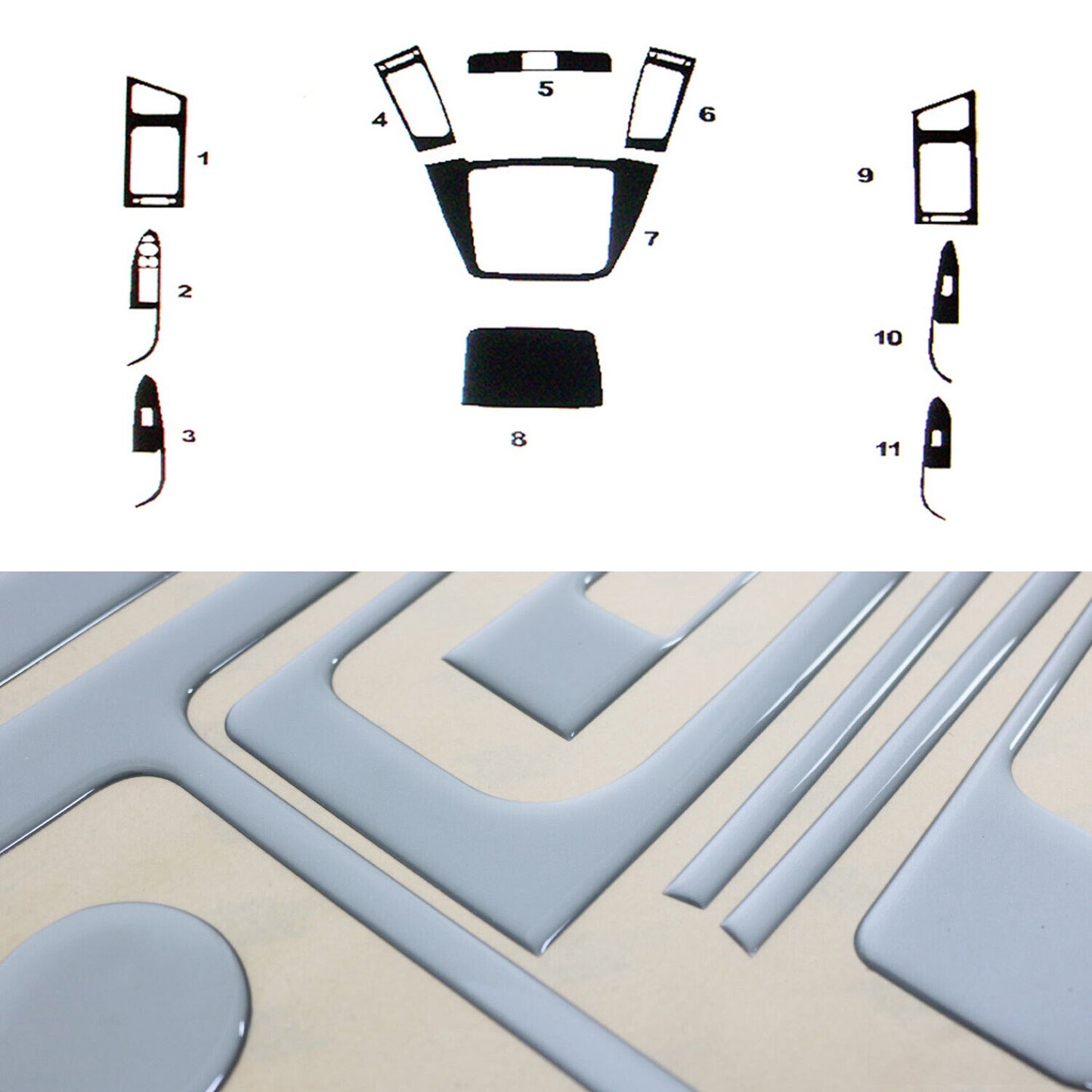Ornamente interioare cockpit pentru Hyundai i30 2007-2012, aspect aluminiu, 11 bucăți