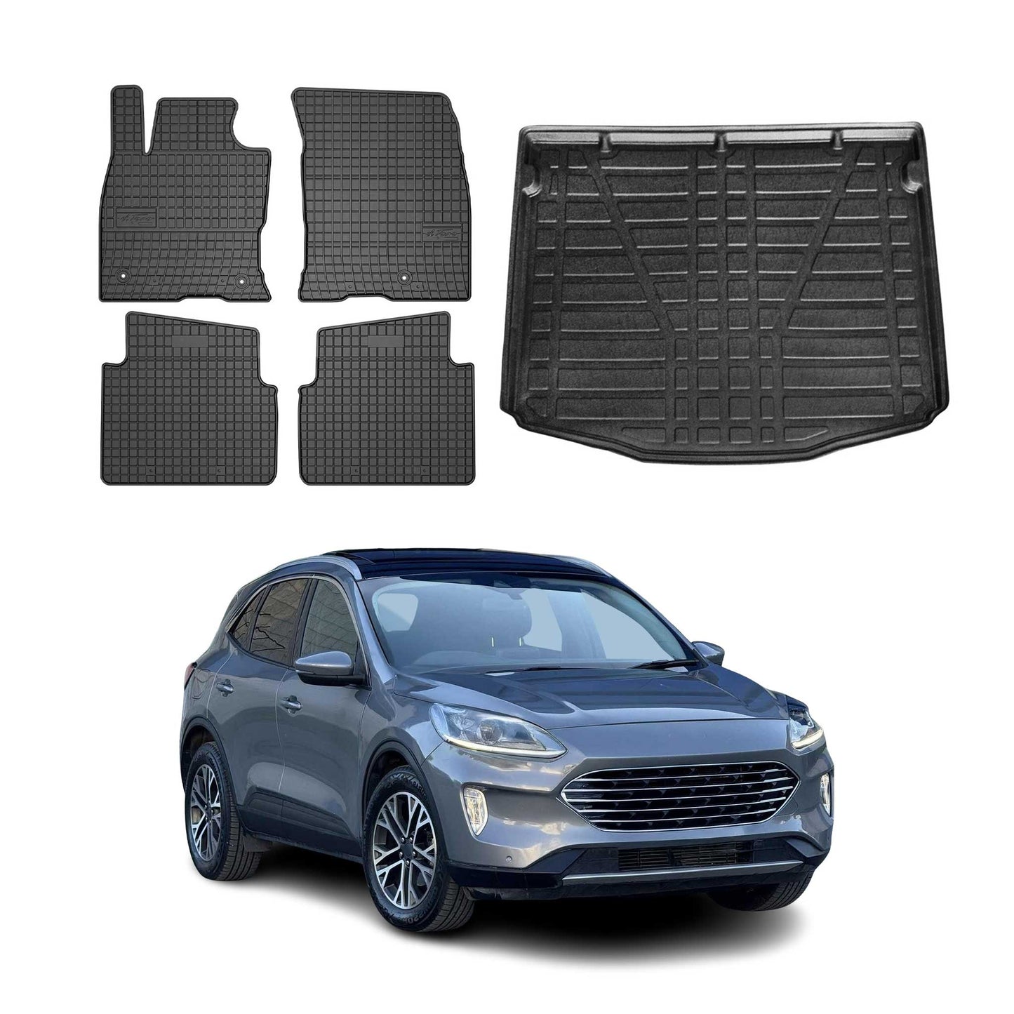 Set covorașe și tapițerie portbagaj pentru Ford Kuga mk3 2019-2025, cauciuc TPE, negru, 5x