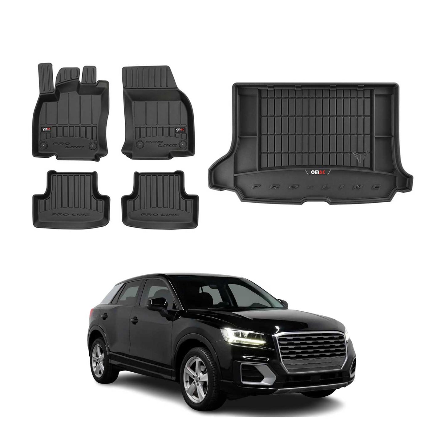 OMAC Fußmatten & Kofferraumwanne Set für Audi Q2 2016-2020 Gummi TPE Schwarz 5x