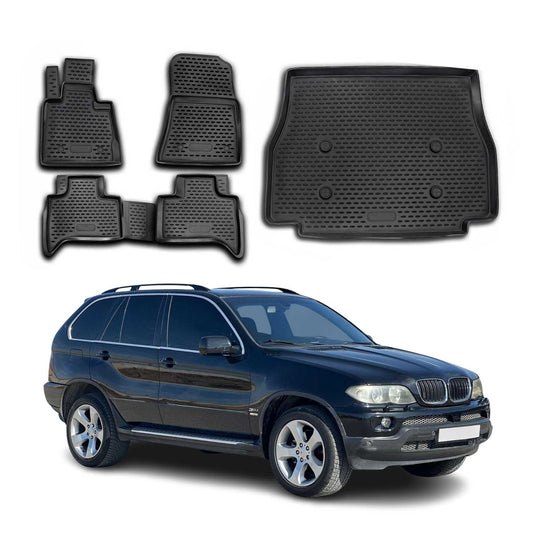 Set covorașe și tapițerie portbagaj pentru BMW X5 E53 1999-2006, cauciuc TPE, negru, 5x