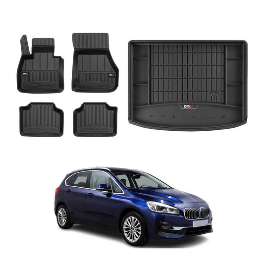OMAC Fußmatten & Kofferraumwanne Set für BMW 2er F45 2014-2024 Gummi Schwarz 5x