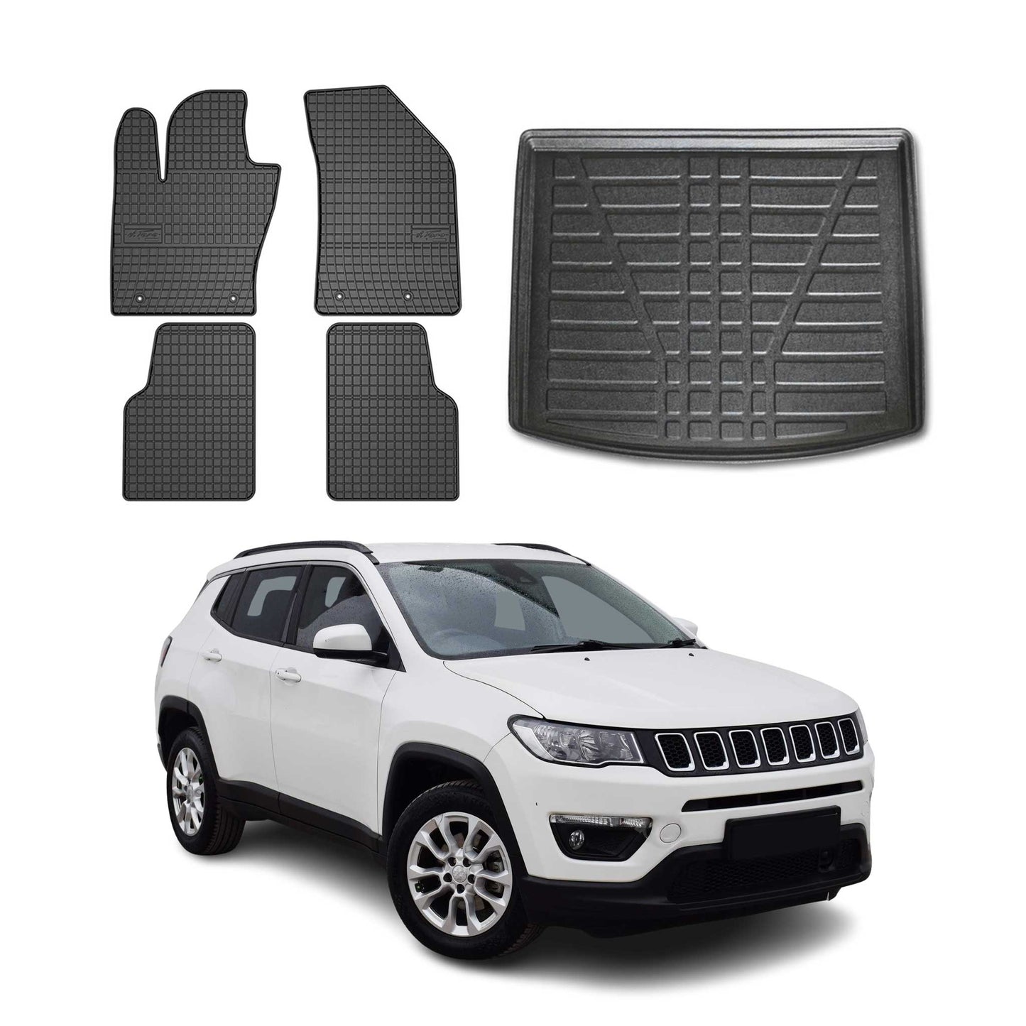 Fußmatten & Kofferraumwanne Set für Jeep Compass 2016-2025 Gummi TPE Schwarz 5x