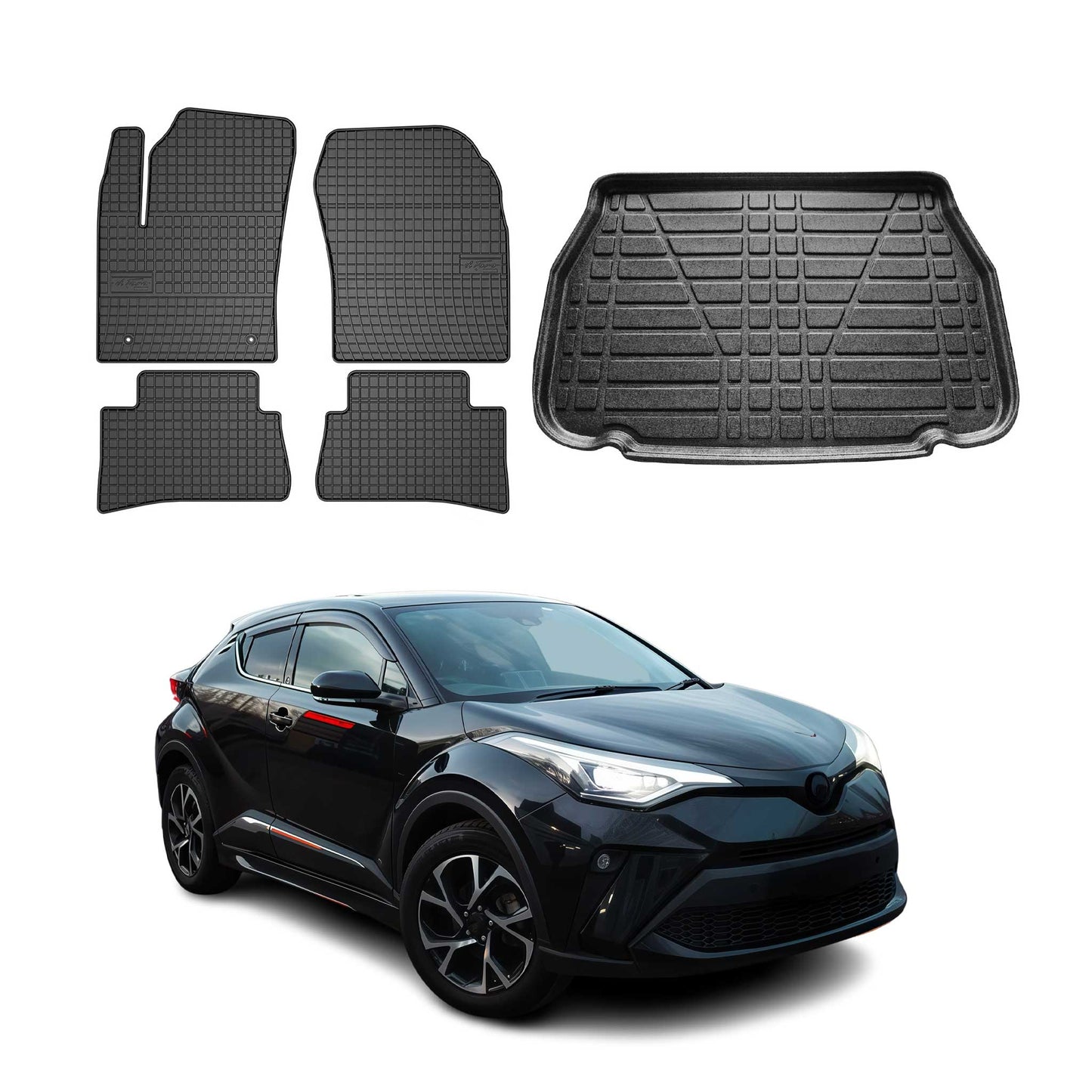 Fußmatten & Kofferraumwanne Set für Toyota C-HR 2016-2025 Gummi Schwarz TPE 5x