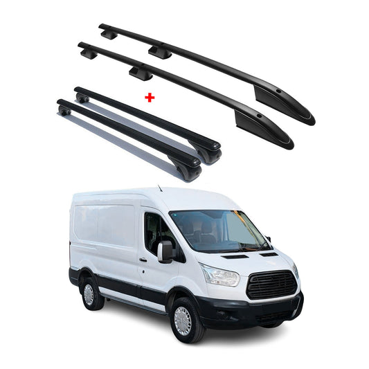 Dachreling + Dachträger für Ford Transit 2014-2025 L2 Mitte RS Alu Schwarz 4x