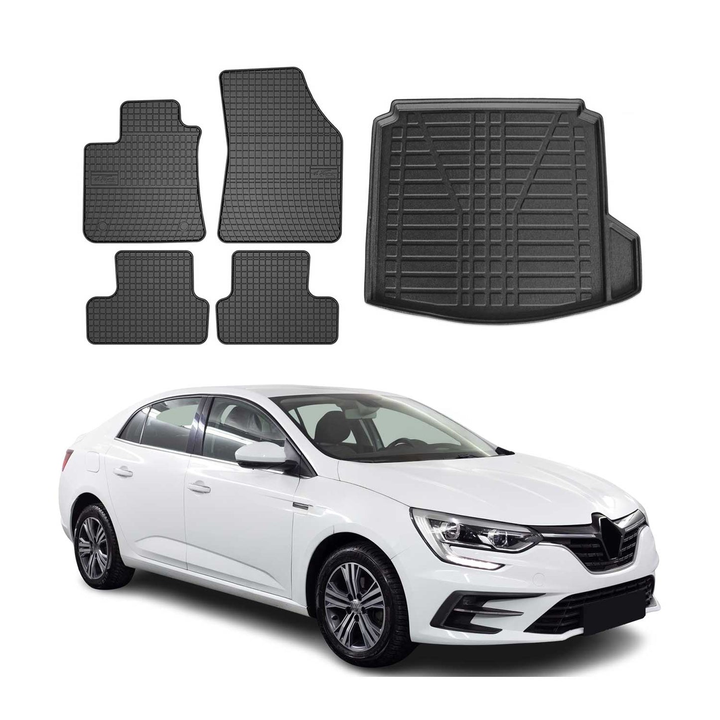 Set covorașe și portbagaj pentru Renault Megane Joy Sedan 2016-2025, cauciuc, 5 buc.