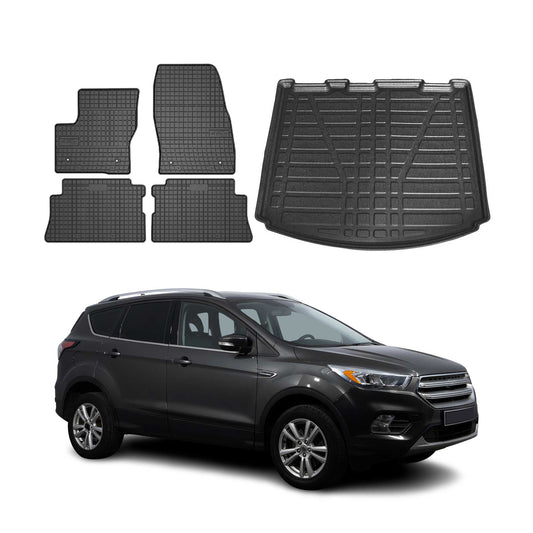 Set covorașe și tapițerie portbagaj pentru Ford Kuga 2013-2019, cauciuc TPE, negru, 5 buc.