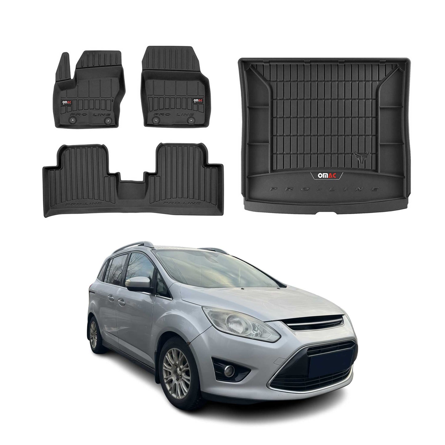 OMAC Fußmatten & Kofferraumwanne Set für Ford Grand C-Max 2010-2019 Gummi 4x