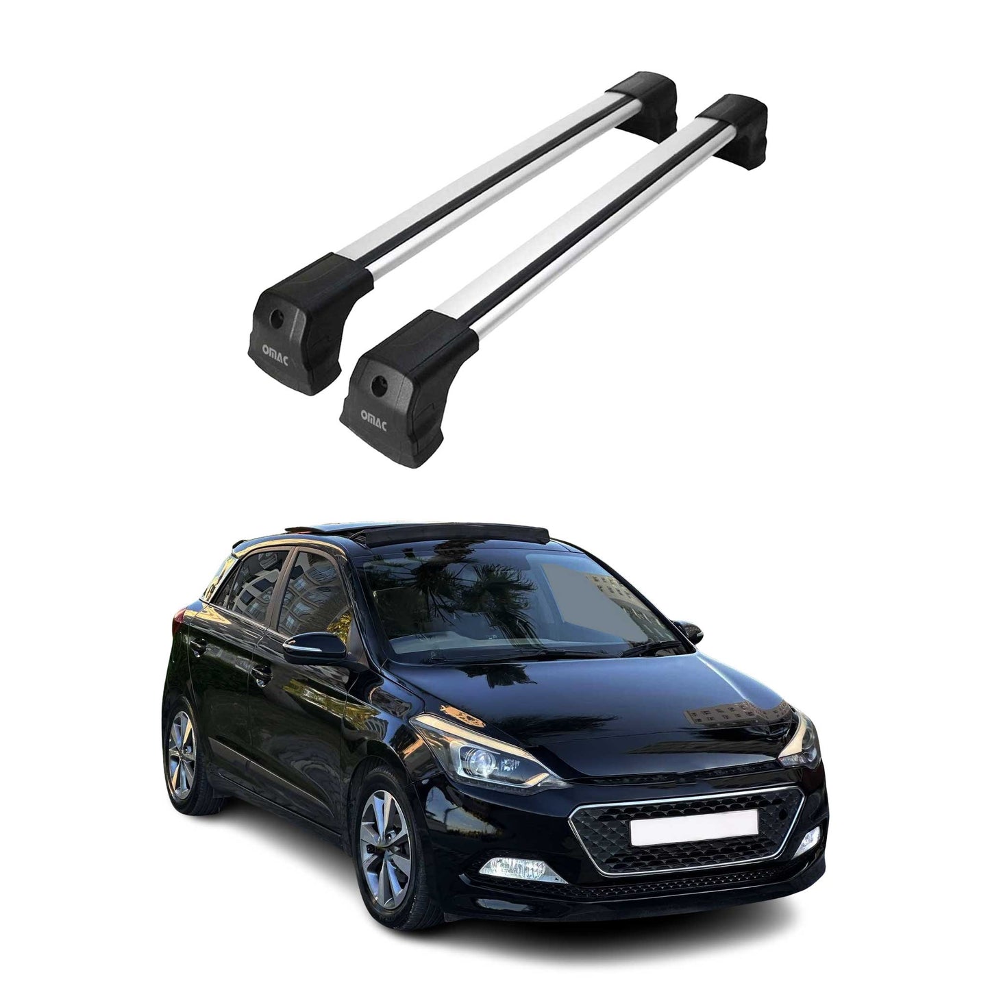Portbagaj de plafon pentru Hyundai i20 2014-2020 hatchback 75kg aluminiu argintiu 2 piese