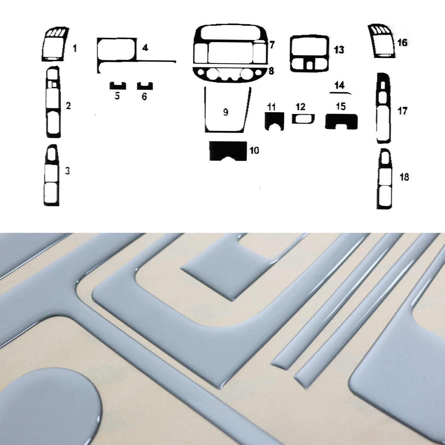 Ornamente interioare pentru Toyota Camry 2001-2006, aspect aluminiu, 18 bucăți