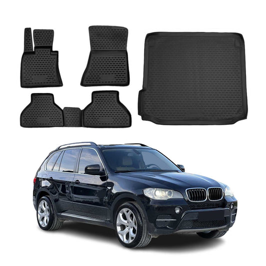 Set covorașe și tapițerie portbagaj pentru BMW X5 E70 2006-2013, cauciuc TPE, negru, 5x