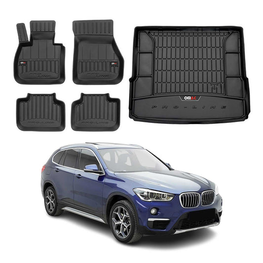 OMAC Fußmatten & Kofferraumwanne Set für BMW X1 F48 2015-2024 Gummi Schwarz 5x