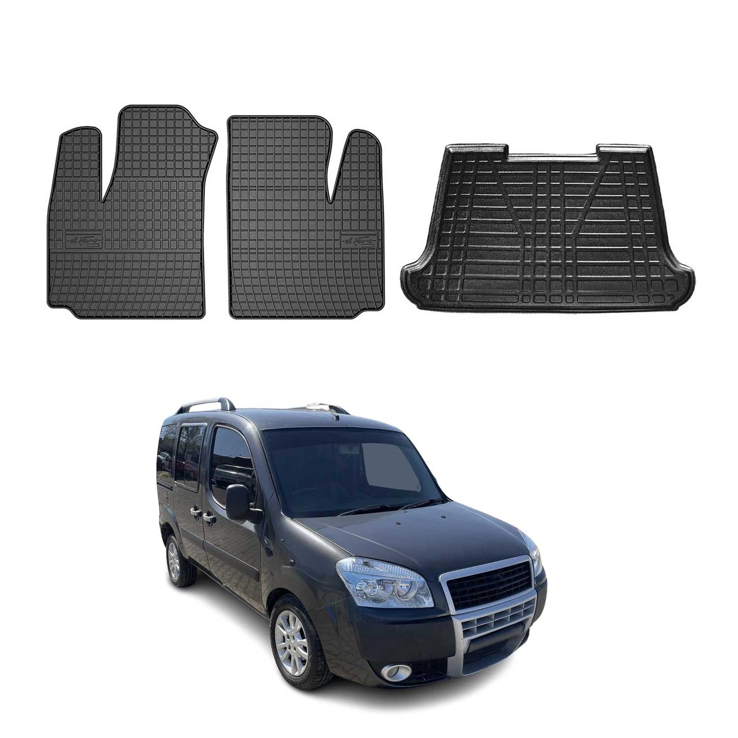 Set covorașe și portbagaj pentru Fiat Doblo 2000-2010, cauciuc TPE, negru, 3x