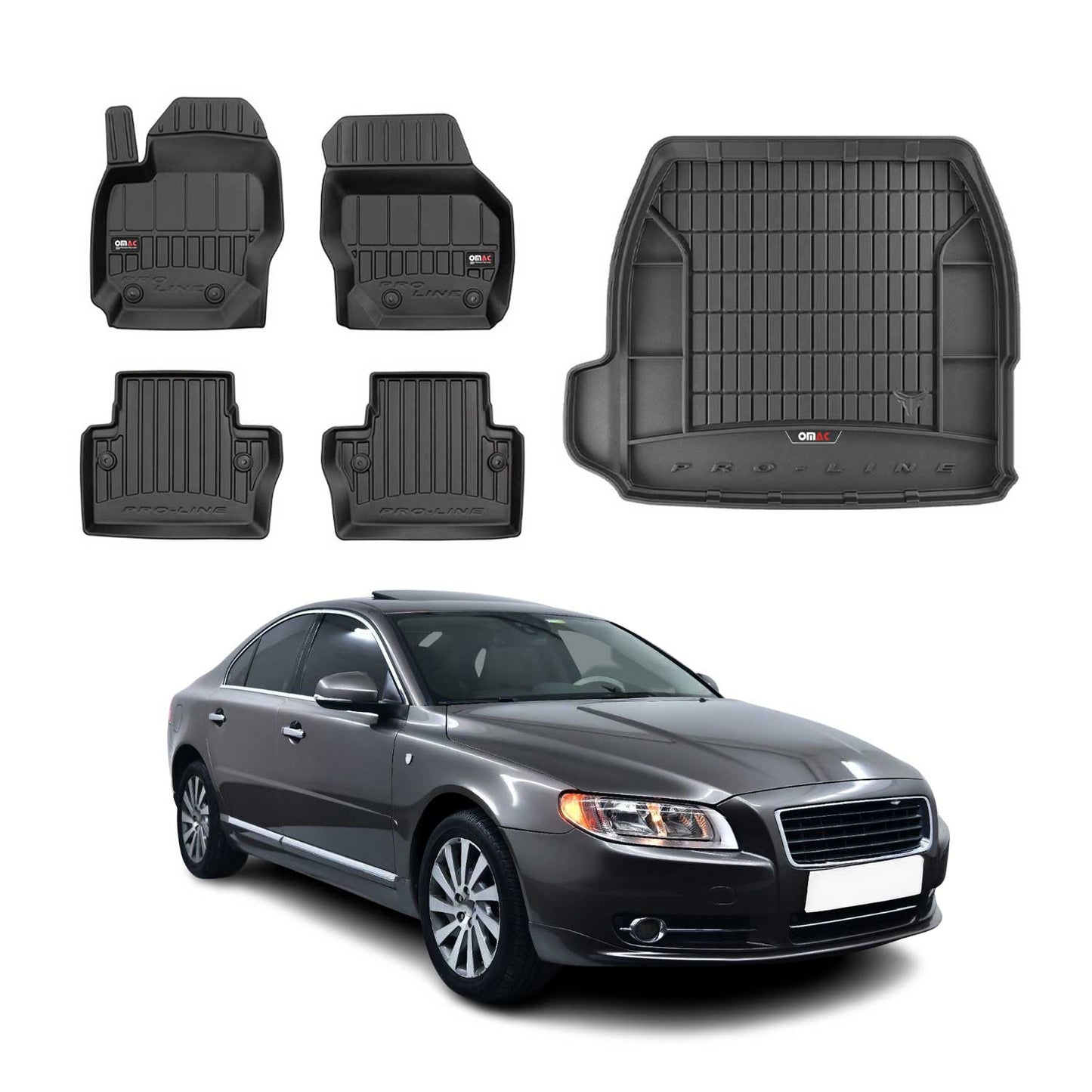 OMAC Fußmatten & Kofferraumwanne Set für Volvo S80 2006-2016 Gummi Schwarz 5x