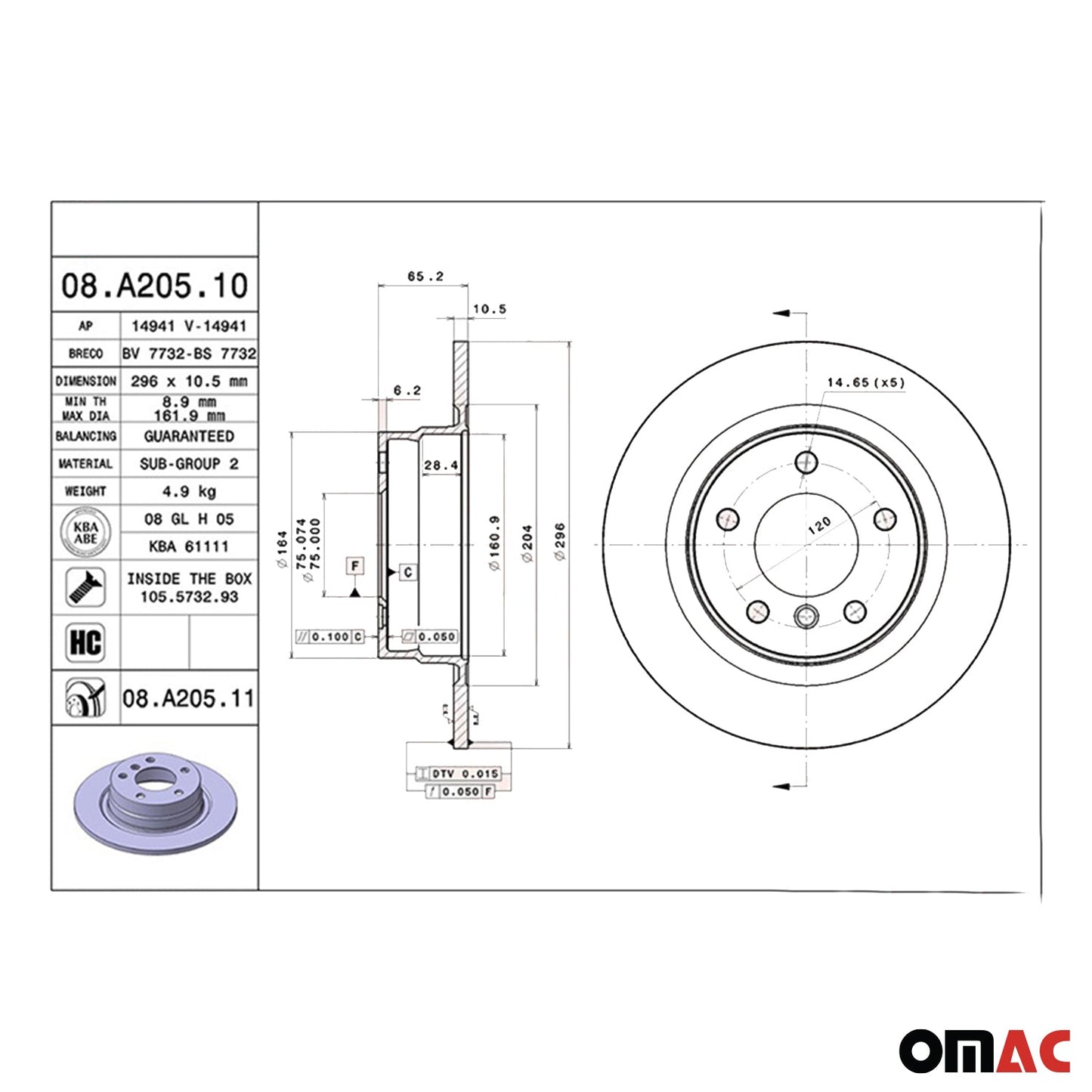 Sistem de frână cu disc pentru BMW Seria 1 E81 Seria 3 E90 E92 2x Ø296 Brembo 08.A205.10