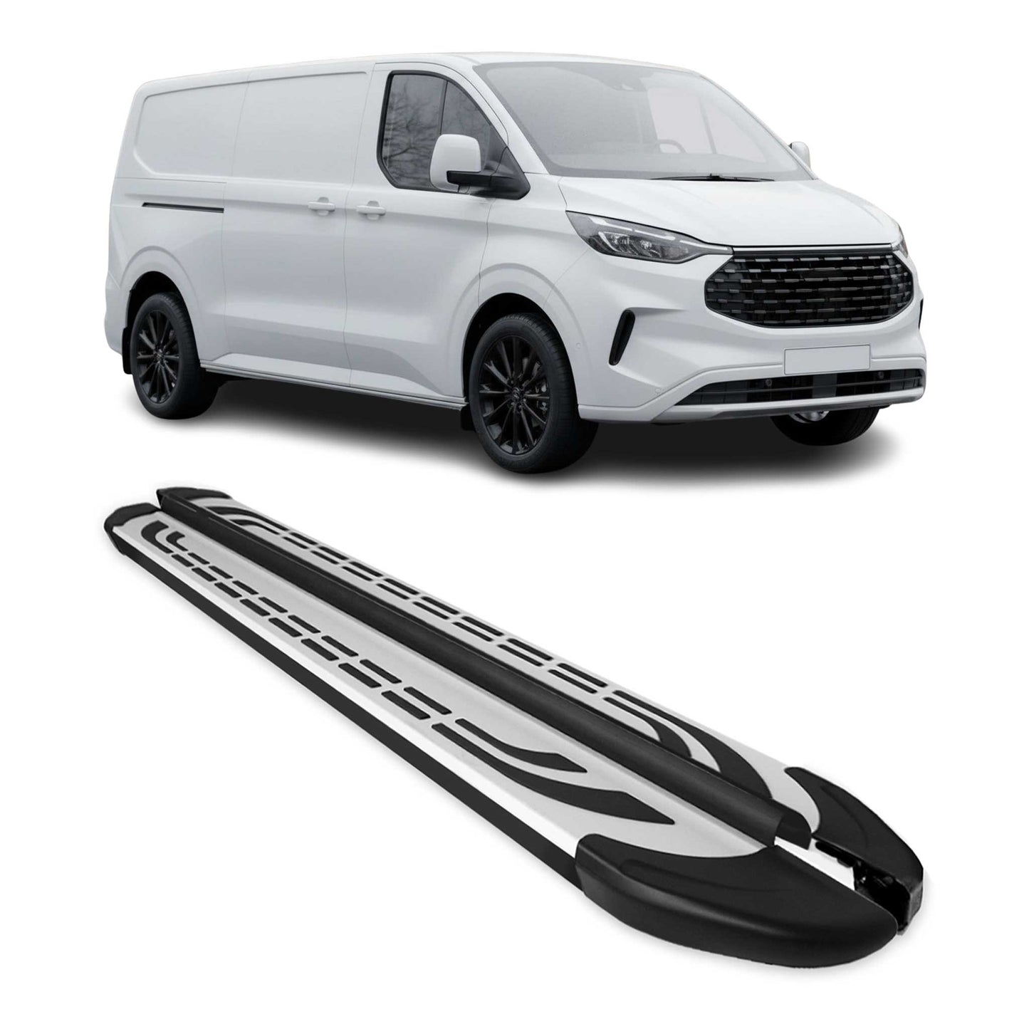 Praguri/scări laterale pentru Ford Transit Custom 2023-2025 L2 Gri/Negru (2x)