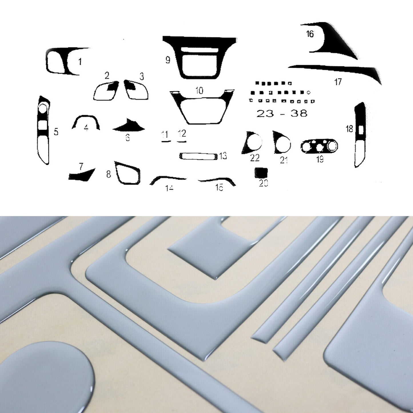 Decor interior cockpit pentru Iveco Daily 2014-2019, aspect aluminiu, 38 piese