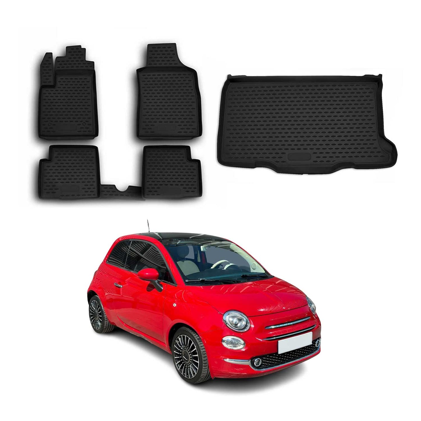 Set covorașe și tapițerie portbagaj pentru Fiat 500 2007-2015, cauciuc TPE, negru, 5x