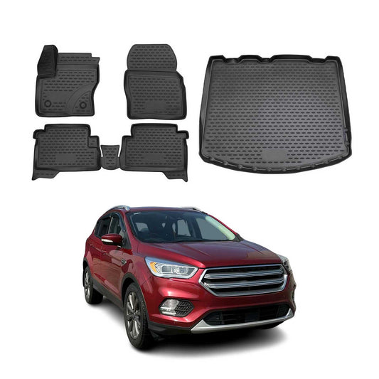 Set covorașe și tapițerie portbagaj pentru Ford Kuga 2012-2019, cauciuc TPE, negru, 5 buc.