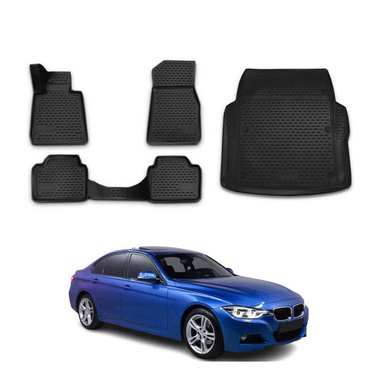 Set covorașe și tapițerie portbagaj pentru BMW Seria 3 F30 F31 2012-2018, cauciuc, negru, 5x