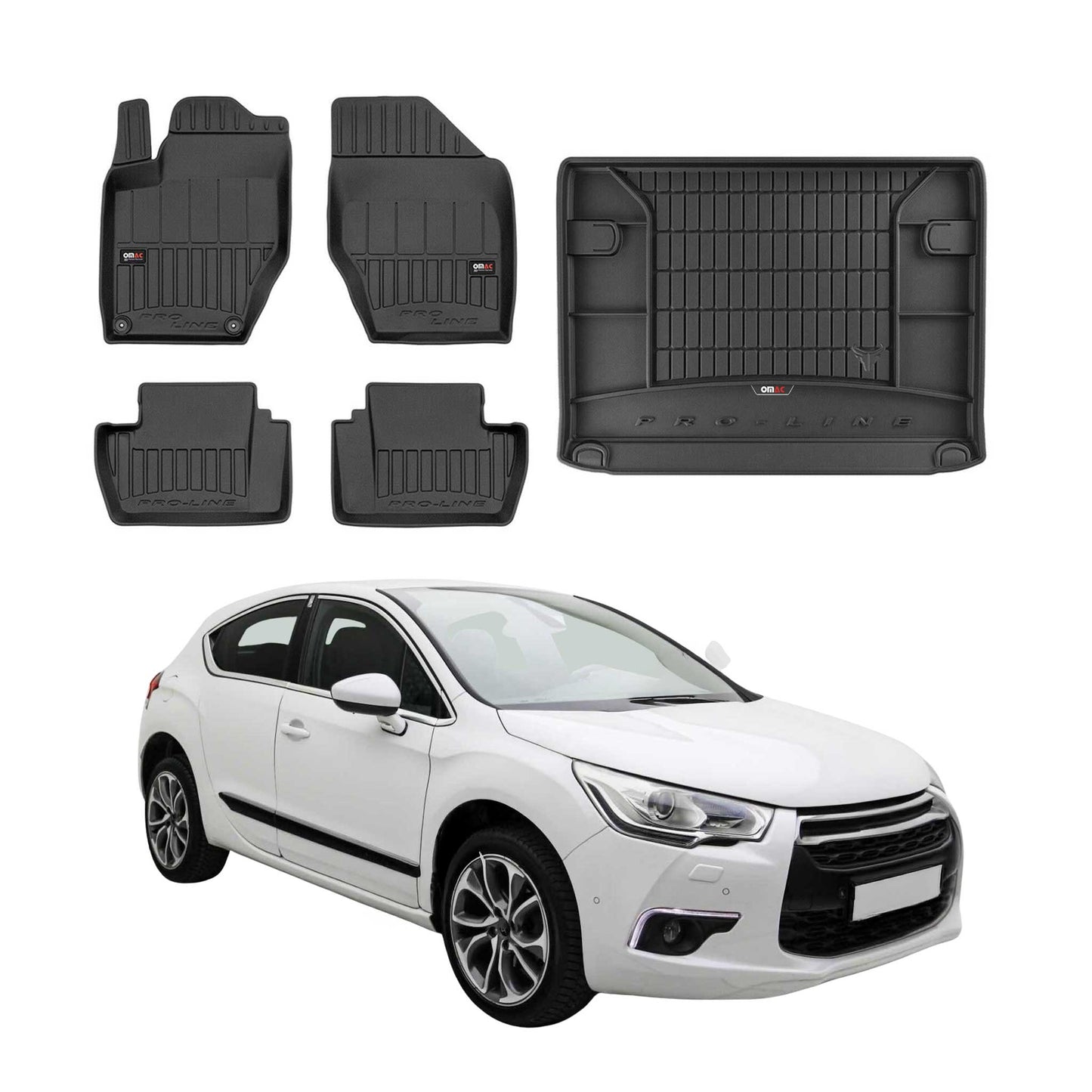 OMAC Fußmatten & Kofferraumwanne Set für Citroen DS4 2011-2015 Gummi Schwarz 5x