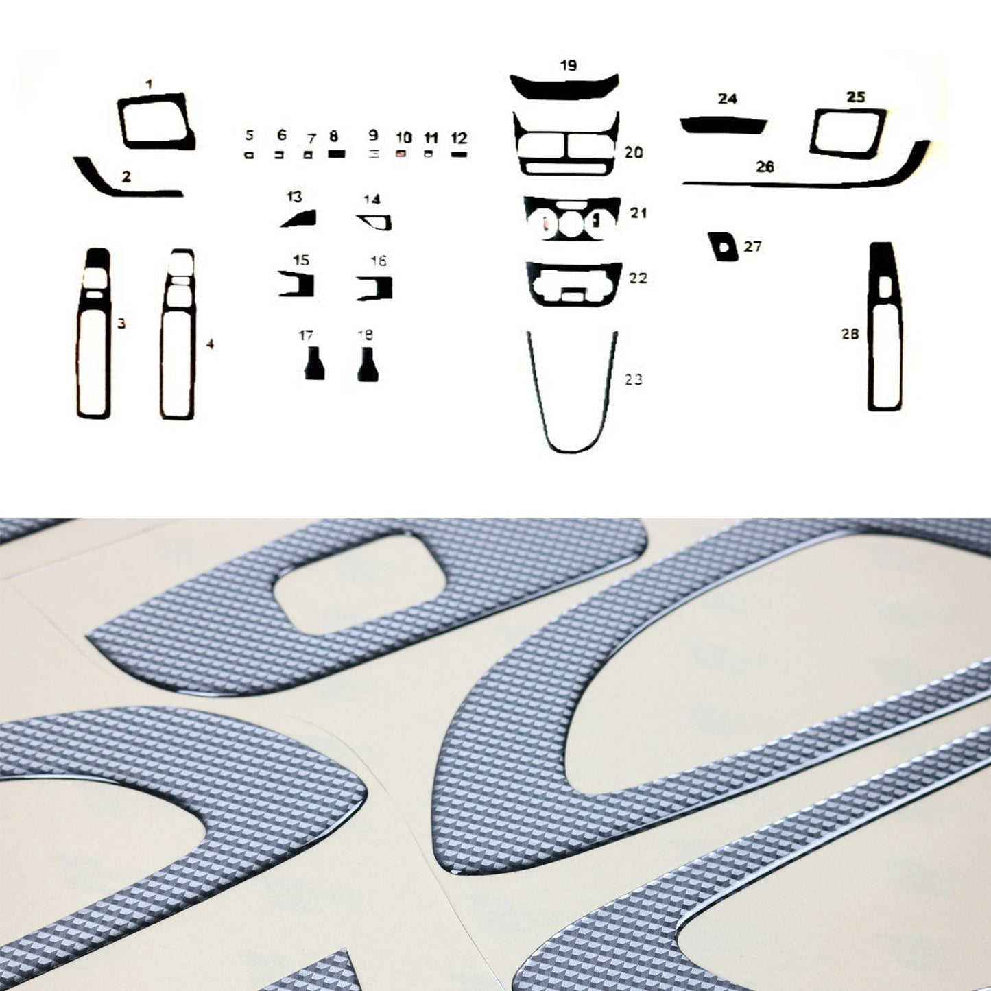 Ornamente interioare cockpit pentru Fiat Doblo 2010-2014, aspect carbon, 28 bucăți