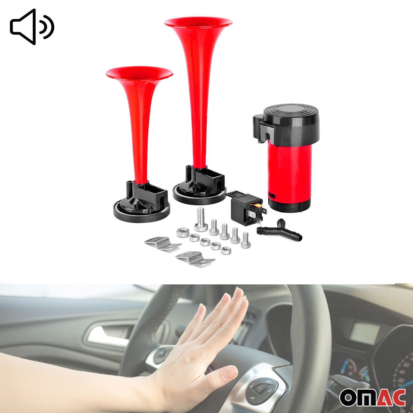 12V/115dB Czerwony 2-trąbkowy kompresor pneumatyczny głośny do samochodów, łodzi, ciężarówek, pojazdów osobowych