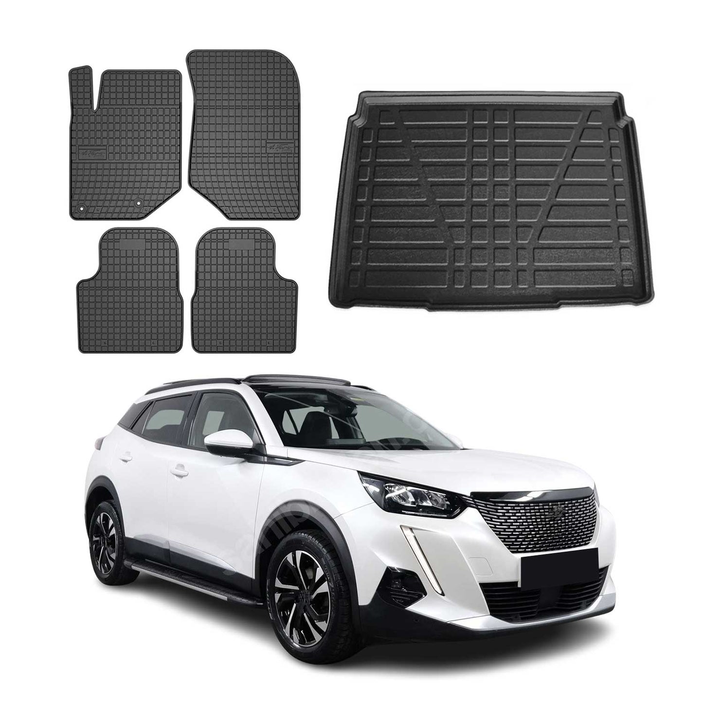 Set covorașe și tapițerie portbagaj pentru Peugeot 2008 2018-2025, cauciuc TPE, negru, 5x