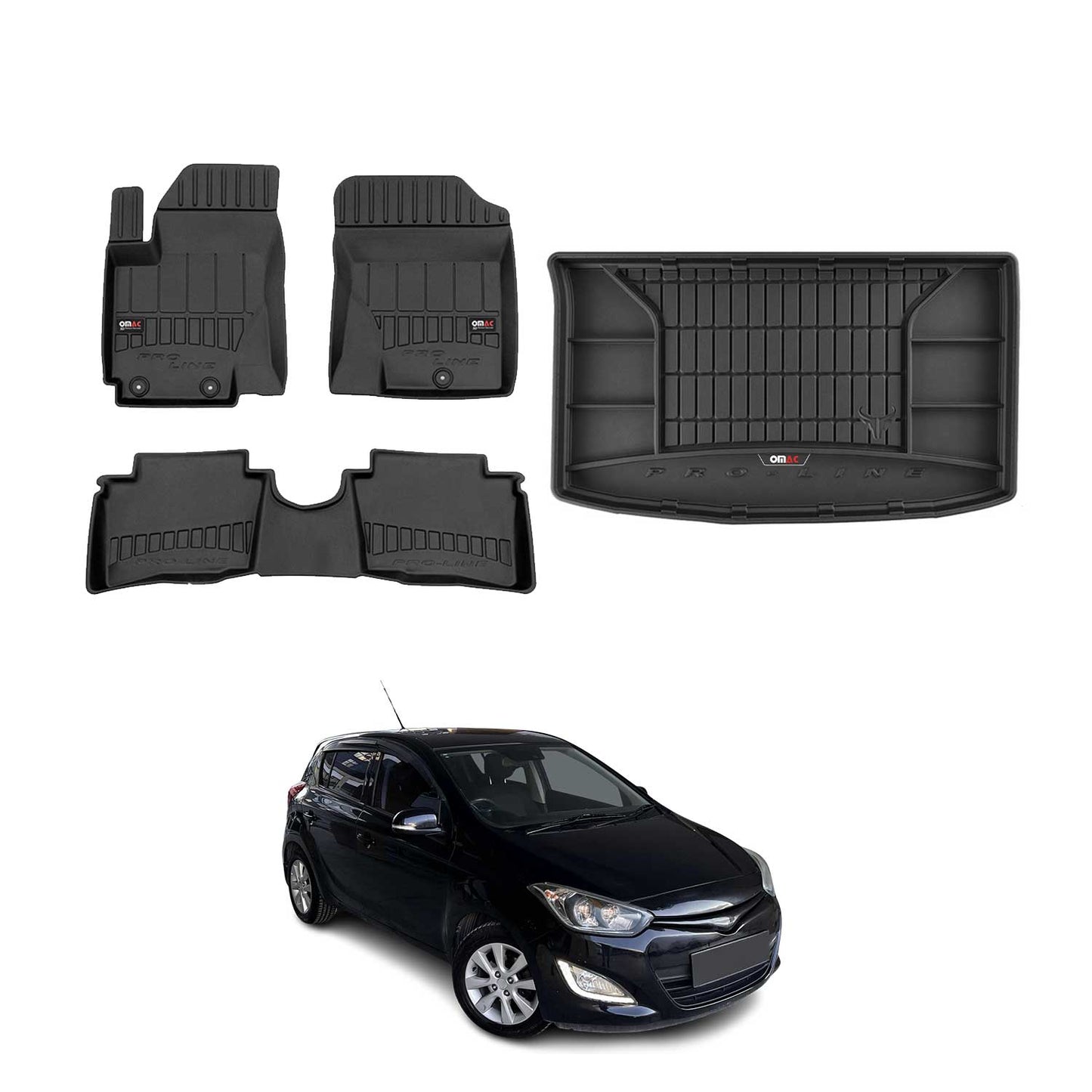 OMAC Fußmatten & Kofferraumwanne Set für Hyundai i20 2008-2014 Gummi Schwarz 4x