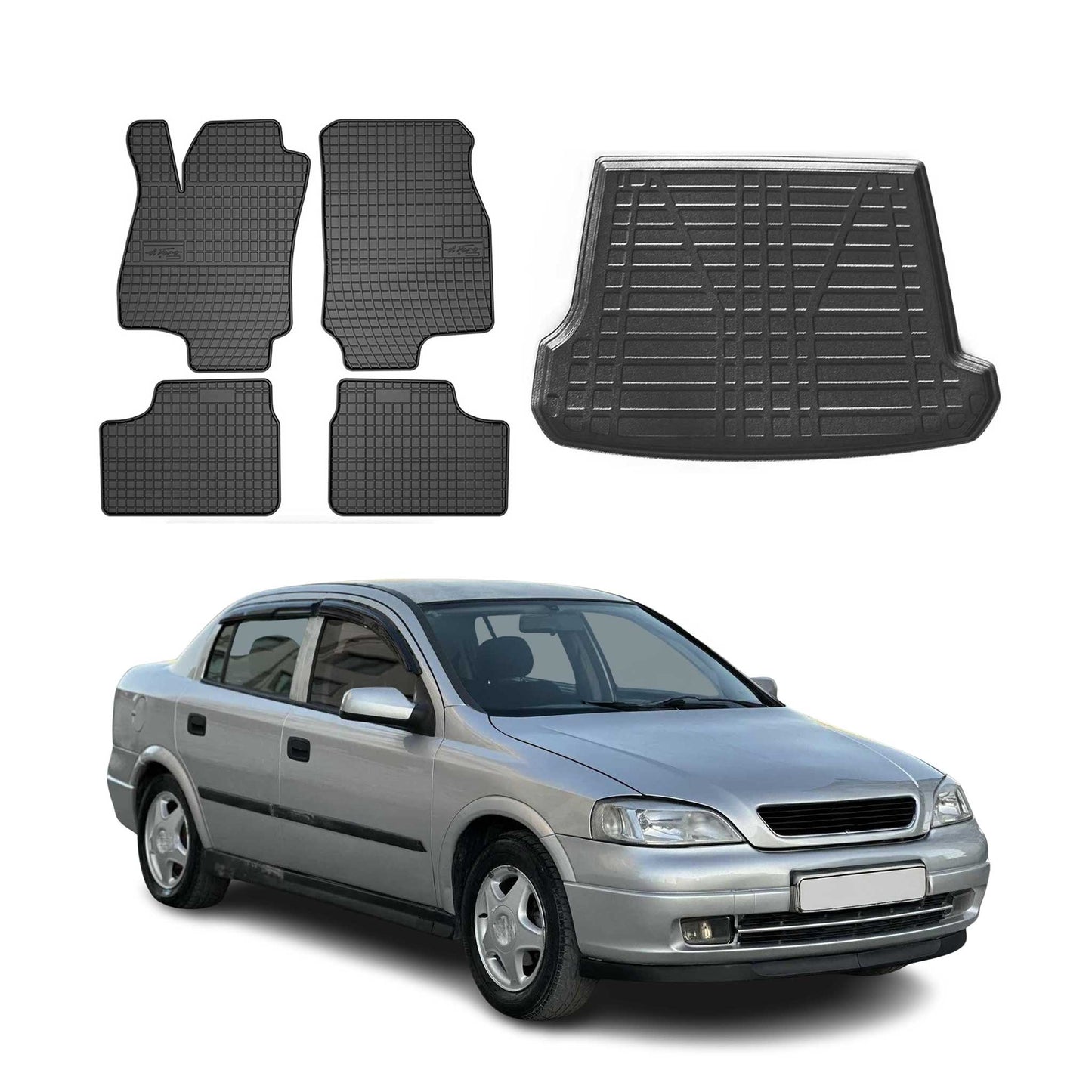 Set covorașe și portbagaj pentru Opel Astra G Caravan 1998-2004, cauciuc, 5x