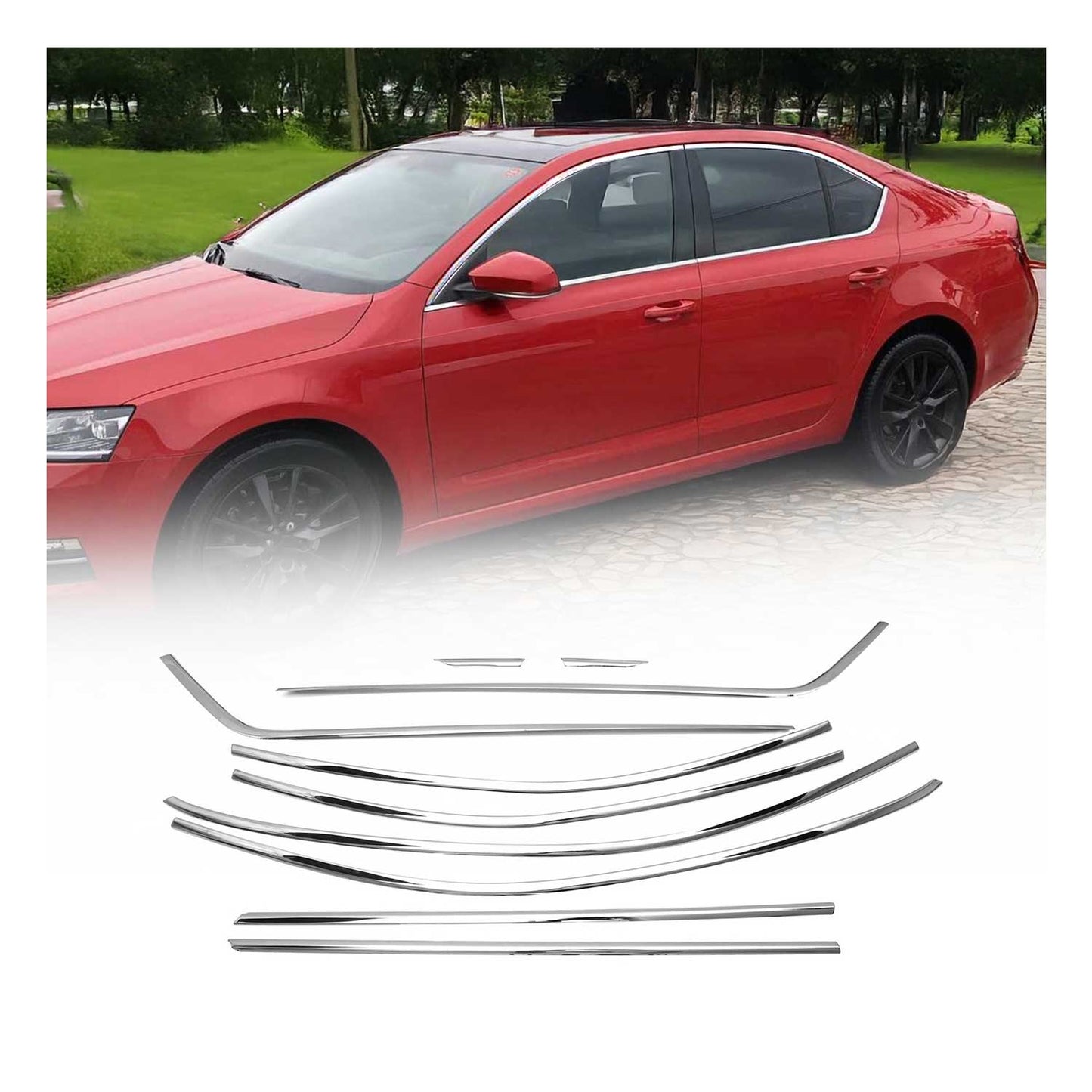 Ornamente/ramă geam pentru Skoda Octavia Sedan 2012-2019, oțel inoxidabil cromat, 10 buc.