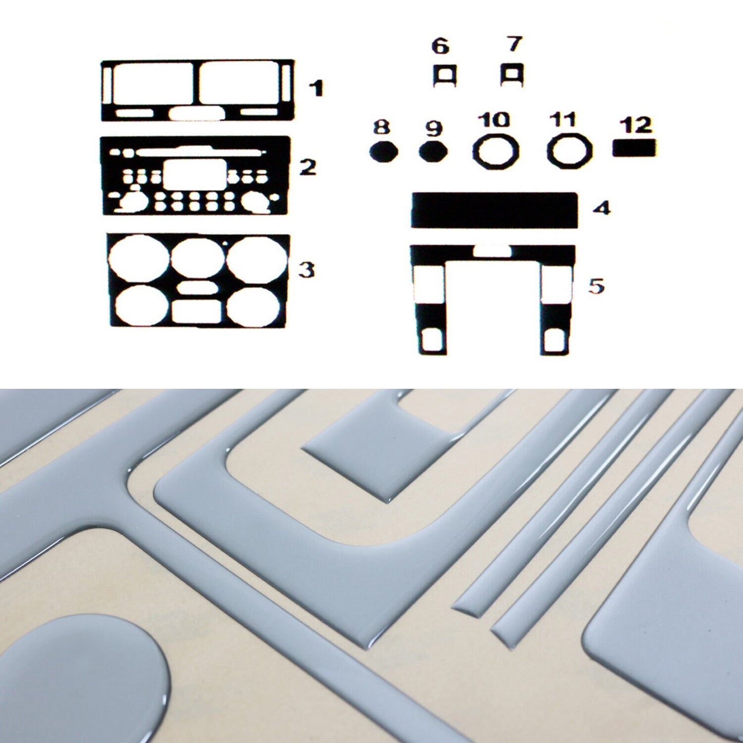 Ornamente interioare cockpit pentru Suzuki Grand Vitara 2005-2015, aspect aluminiu, 12 bucăți
