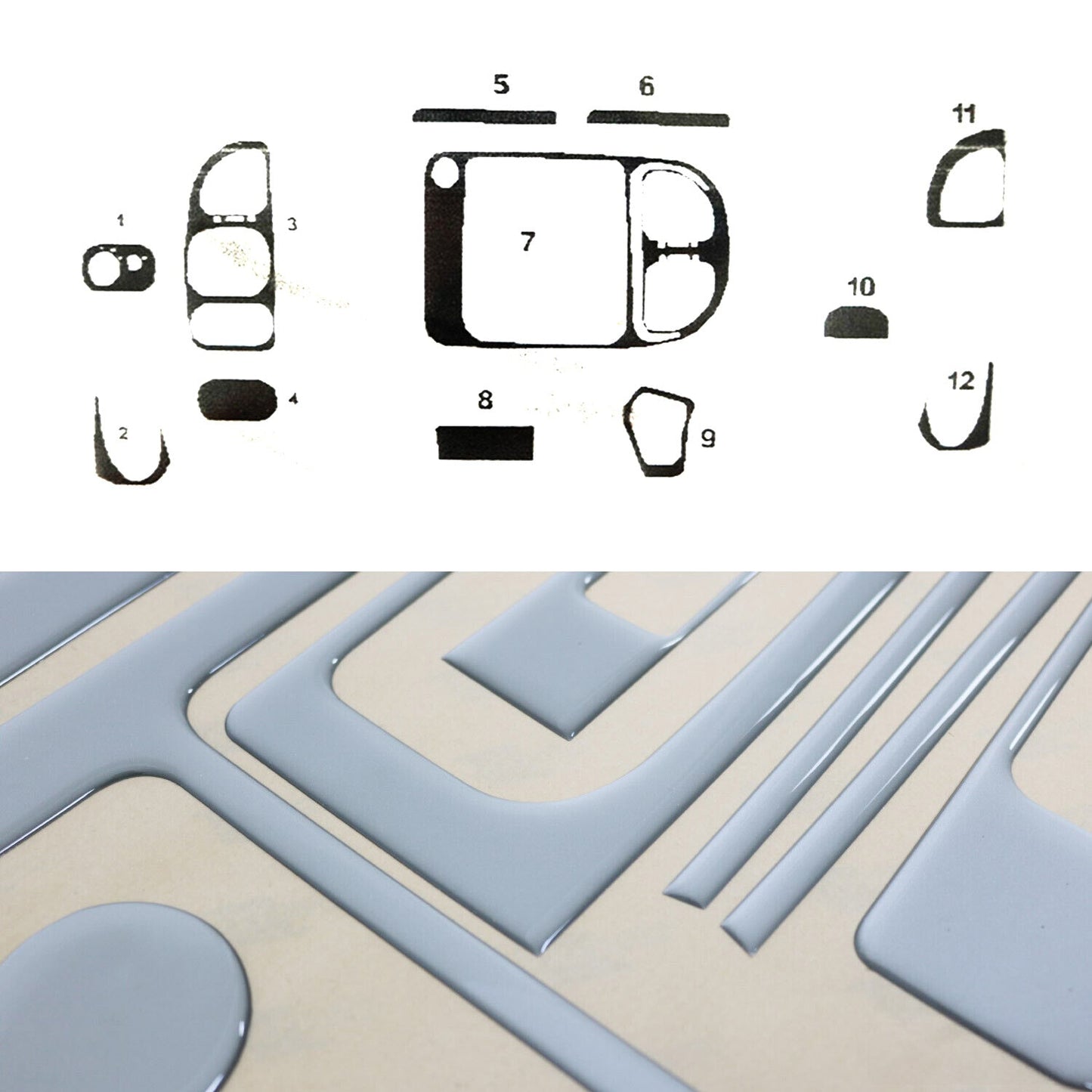 Ornamente interioare cockpit pentru Ford Transit 2002-2006, aspect aluminiu, 12 bucăți