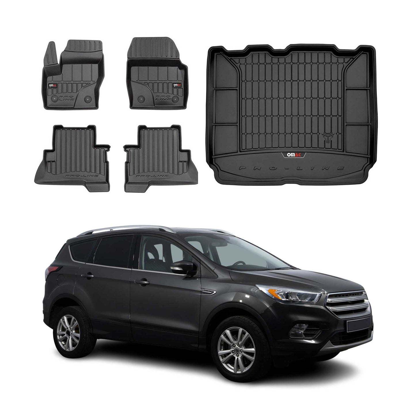 OMAC Fußmatten & Kofferraumwanne Set für Ford Kuga 2013-2019 Schwarz Gummi 5x