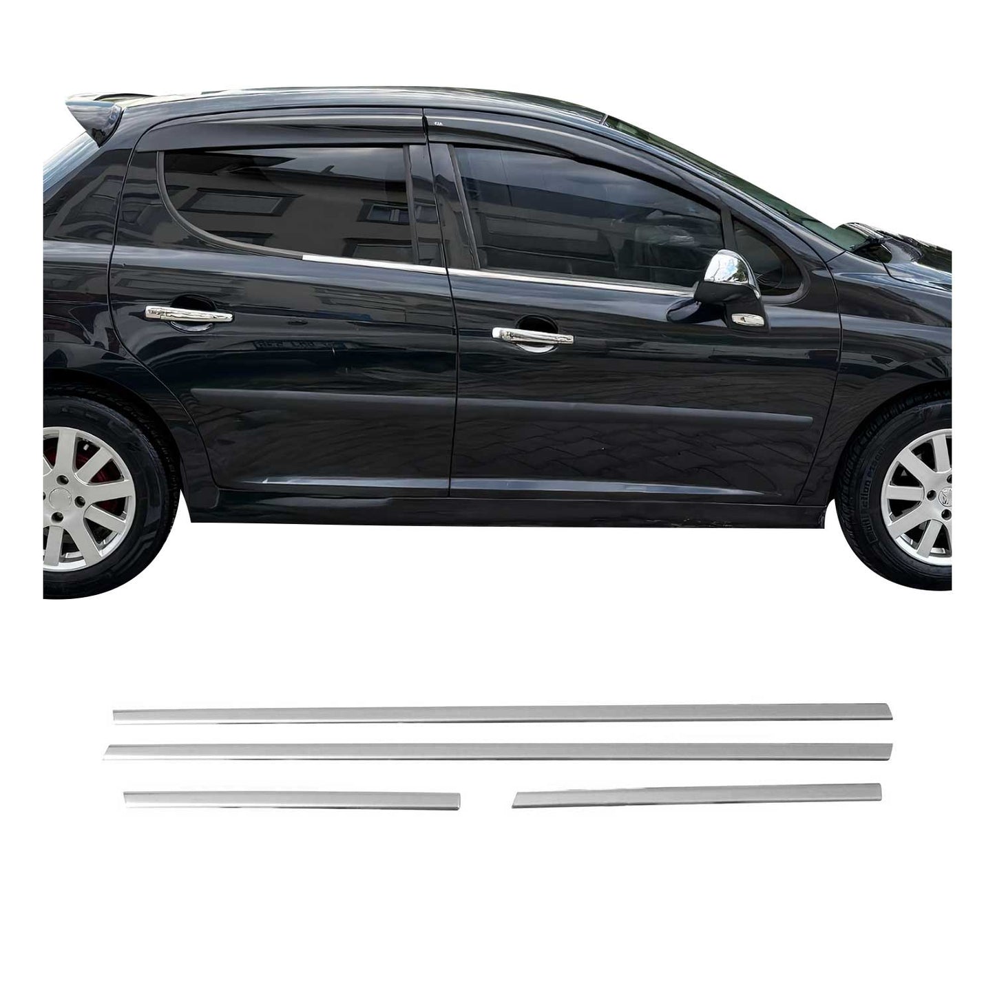Benzi decorative geamuri pentru Peugeot 207 hatchback cu 5 uși 2006-2012, set 4 piese cromate