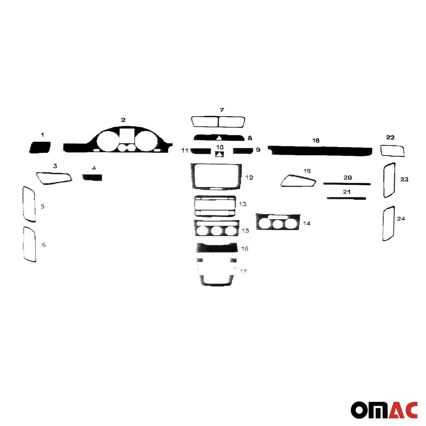 Ornamente interioare cockpit pentru VW Passat B6 2005-2010, aspect aluminiu, 21 bucăți