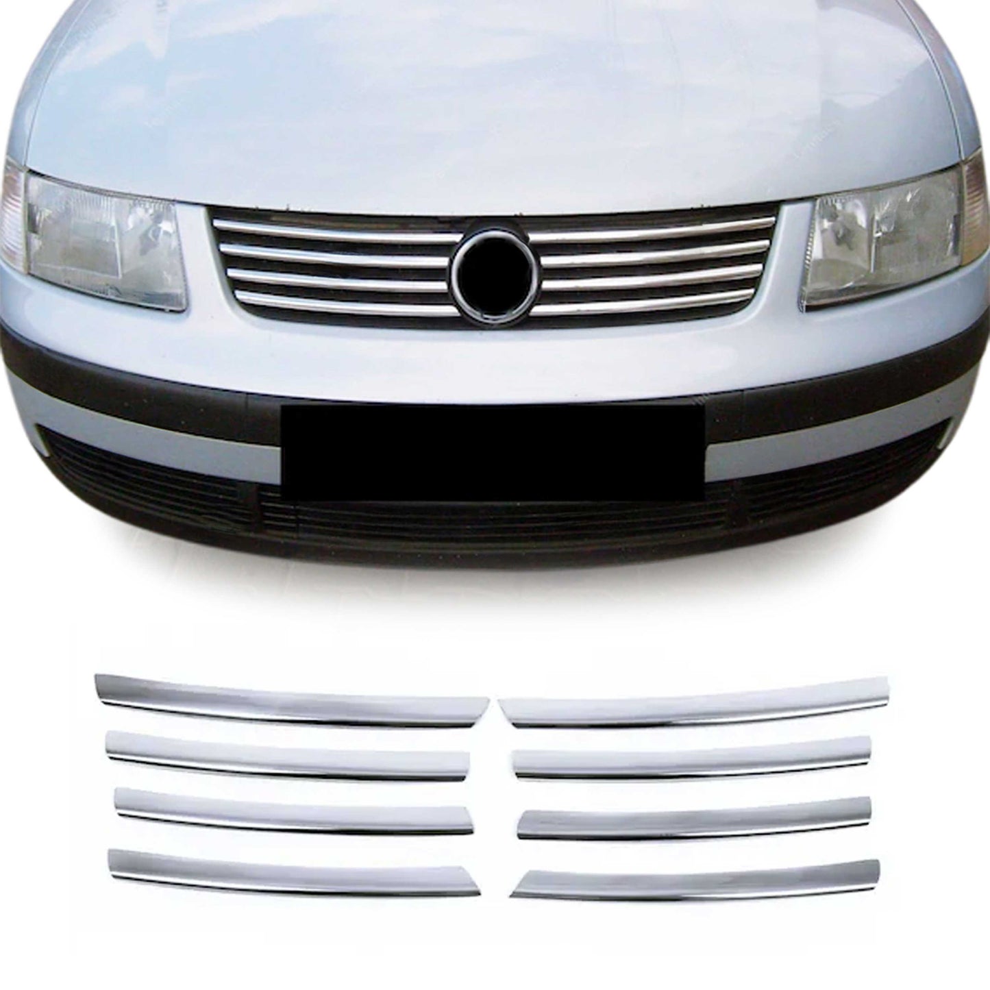 Benzi decorative grilă radiator pentru VW Passat 2000-2005, oțel inoxidabil, argintiu, 8 bucăți