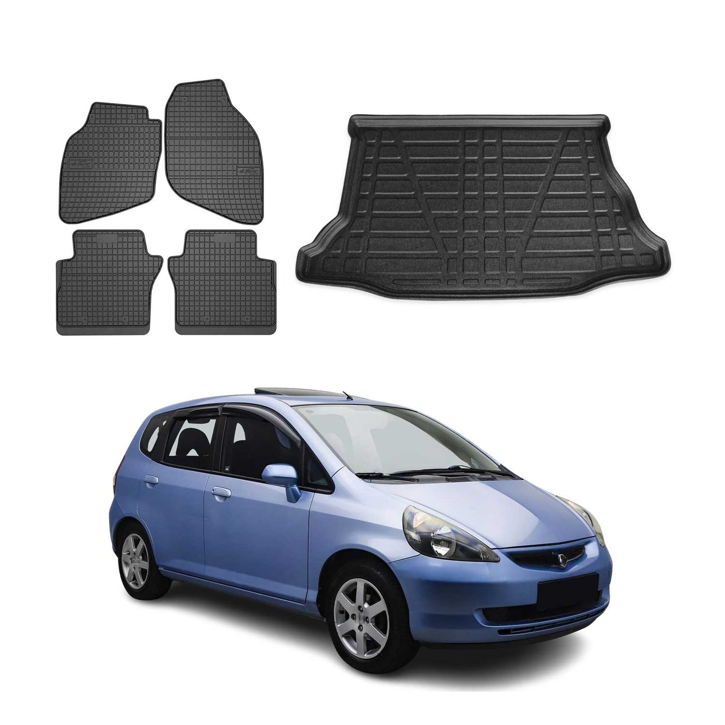 Set covorașe și căptușeală portbagaj pentru Honda Jazz 2001-2008, cauciuc TPE, negru, 5x