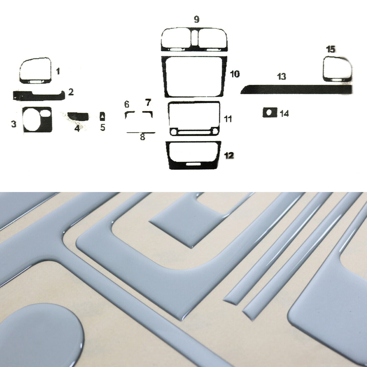 Listwa wykończeniowa kokpitu do VW Golf 2008-2013, wygląd aluminium, 15 sztuk