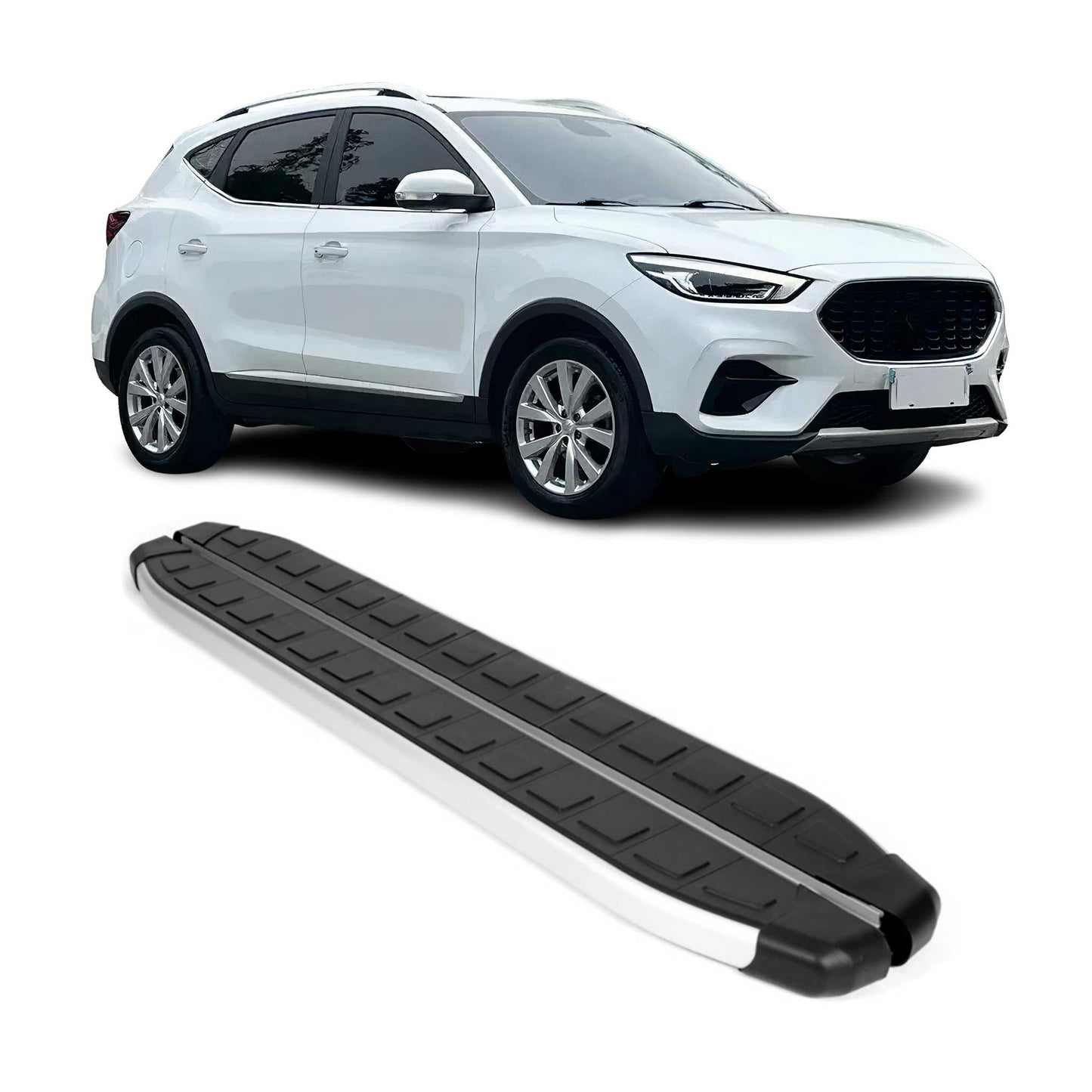 Podnóżki, progi boczne i panele progowe do MG ZS 2018-2025, srebrne/czarne, zestaw 2 sztuk