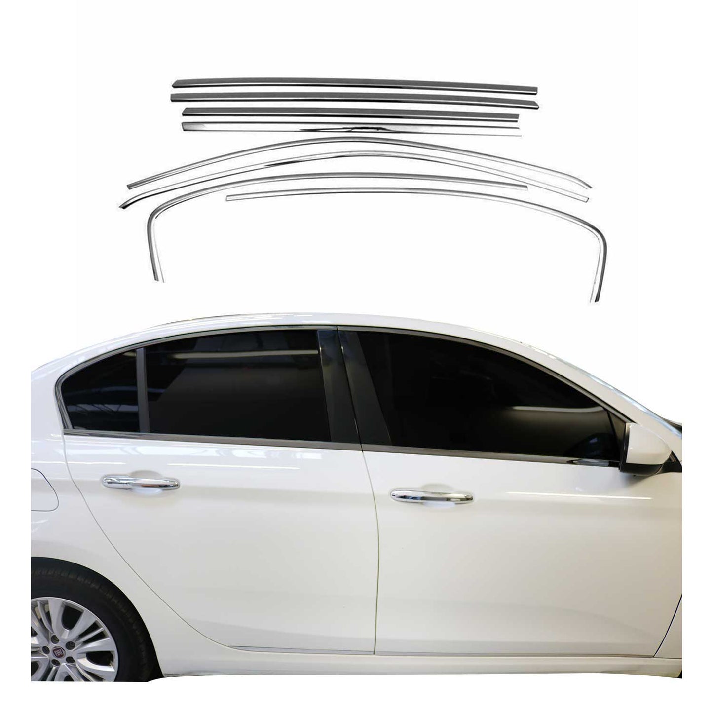 Benzi decorative pentru geamuri Fiat Tipo 2016-2025, oțel inoxidabil, culoare închisă, 8 bucăți
