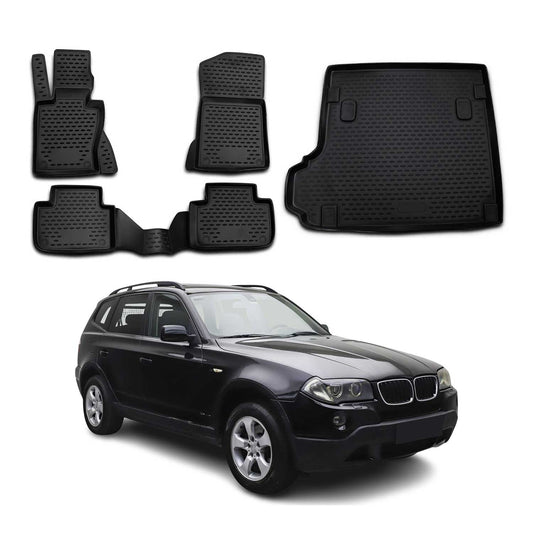 Set covorașe și tapițerie portbagaj pentru BMW X3 E83 2003-2010, cauciuc TPE, negru, 5x