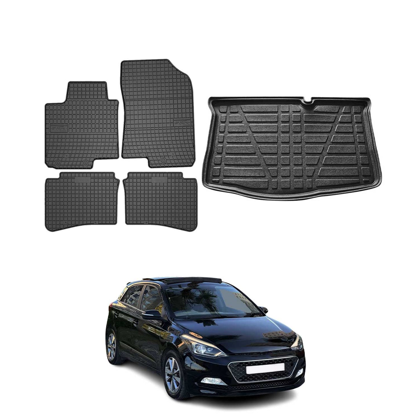 Set covorașe și tapițerie portbagaj pentru Hyundai i20 2014-2025, cauciuc TPE, negru, 5 buc.